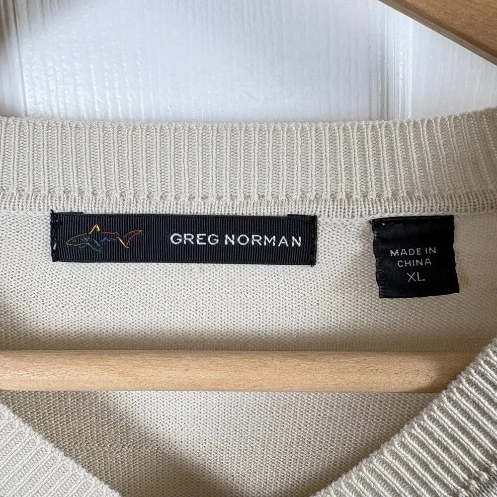 Greg Norman Argyle V-Neck Sweater Beige 100% Wool Men's XL‎ Golf Grandpa READ